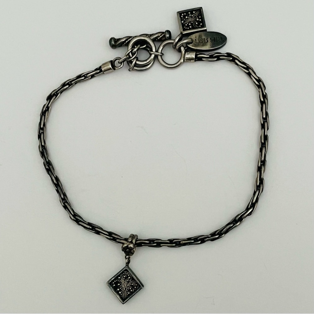 Vintage Lois Hill ~ Box Weave Chain Toggle Charm Bracelet ~ .925 Silver 10”